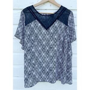 Worthington Top Womens 1X Black White Sheer Panel Chiffon Tunic V-Neck Career